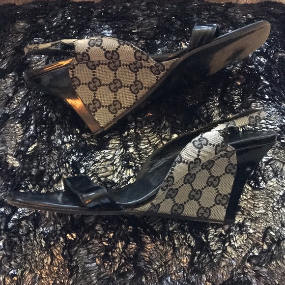 GUCCI sling back wedge heels black patent - Picture 2 of 4